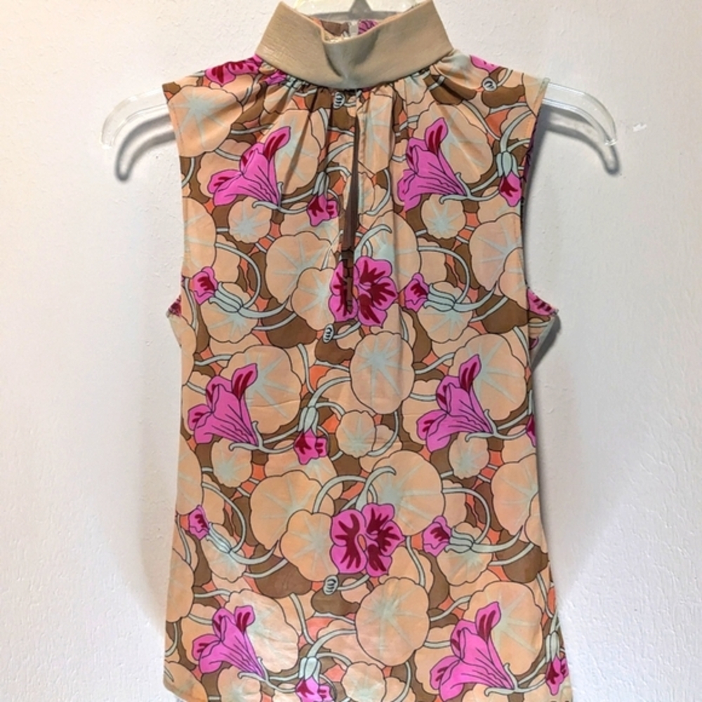 Versace Silk Sleeveless Blouse brown pink cream Leather Neck Keyhole Sz 38 VTG